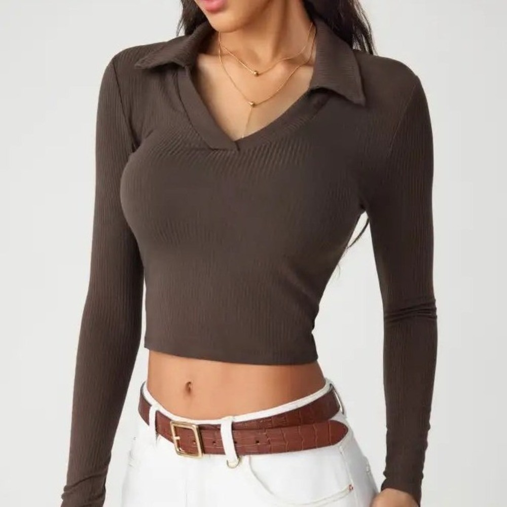 Cider Womens Ribbed Long Sleeve Polo Collar Crop Top Brown Large